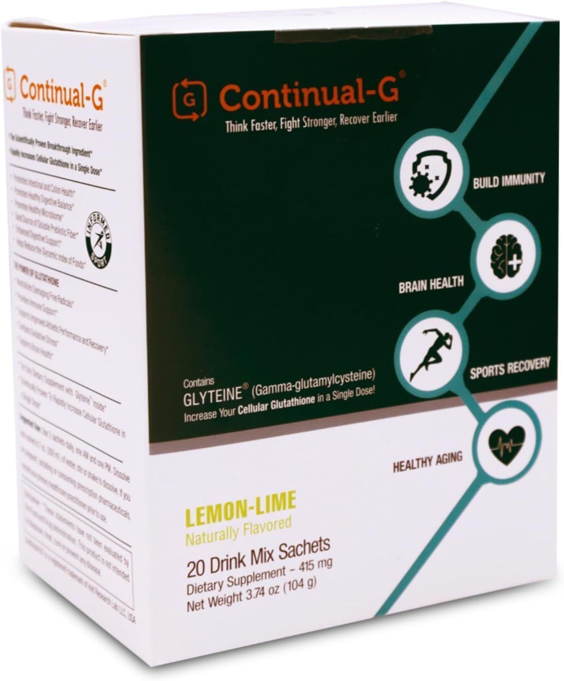 CONTINUAL - G Glyteine 415mg Powder Cellular Enhancing Glutathione Supplement Support Liver Health Supplements 10 Days Lemon Lime Flavor