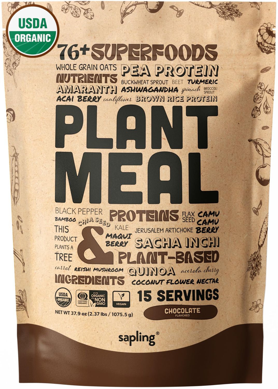 Plant Meal Replacement Shake - Chocolate - 25g of Plant Based Vegan Protein Powder, 76 Organic Superfoods, Vitamins Minerals, Mushrooms, Super Greens, Digestive Enzymes Probiotics - 15 Servings