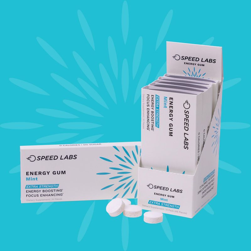 Speed Labs Mint Extra Strength Caffeine Chewing Gum 50mg Caffeine, Taurine, B Vitamins Per Piece, 48 Pieces 6 Packs of 8 Pieces Sugar Free, Zero Calorie, No Aspartame, Gluten Free