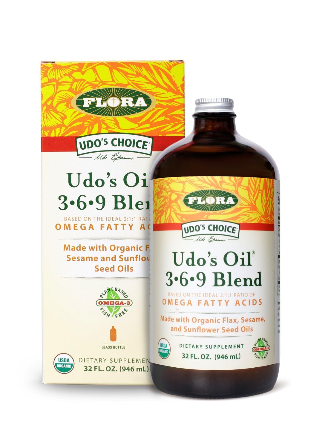 Flora Health UDO s Oil Omega 3-6-9 32 Oz Supplement Organic Plant Based Vegan Fish Oil Alternative Blend of Flaxseed, Coconut, Evening Primrose More