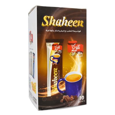 Shaheen 3 In 1 Instant Coffee Mix With Creamer Sugar Chocolate Flavor Mocha Cafe Rich Coffe Kosher Halal 10 Sticks x 18 gm Each Stick 3x1