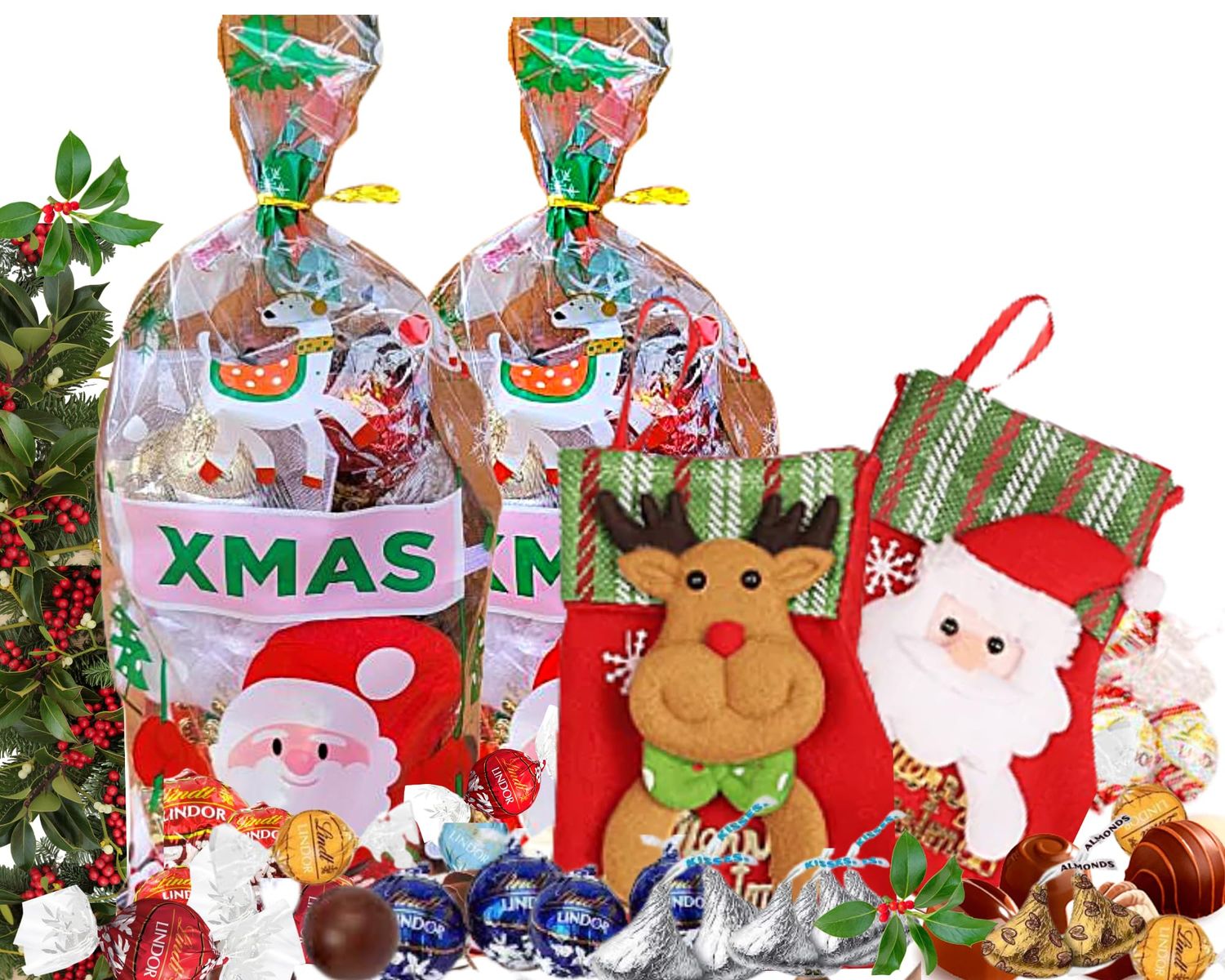 TESSBERN Christmas Chocolate Stockings filler - Includes 5 x Assorted Lindt 5 x Assorted Hersheys variety Chocolates 2 x Christmas Stockings - Ideal as Secret Santa Xmas Gift for Loved One Pack