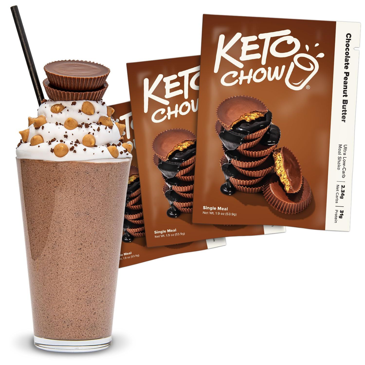 Keto Chow Chocolate Peanut Butter - Keto Meal Replacement Shake Powder - Nutritionally Complete - Low Carb - Delicious Easy Meal Substitute - Protein Rich You Choose The Fat - Single Meal - 3 Pack