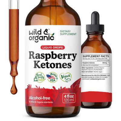 Wild Organic Raspberry Ketones Liquid Drops - Vegan Raspberry Ketones Supplement for Overall Well-Being - 5-Month Supply - Non-GMO, No Alcohol Sugar - 4 fl oz