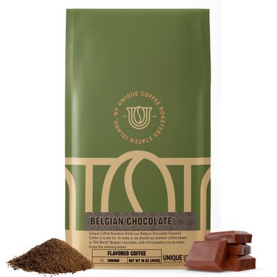 Smooth Belgian Chocolate Flavored Ground Coffee, 1 LB 16 oz bag, Medium Roast, 100 Arabica Premium Quality Flavor