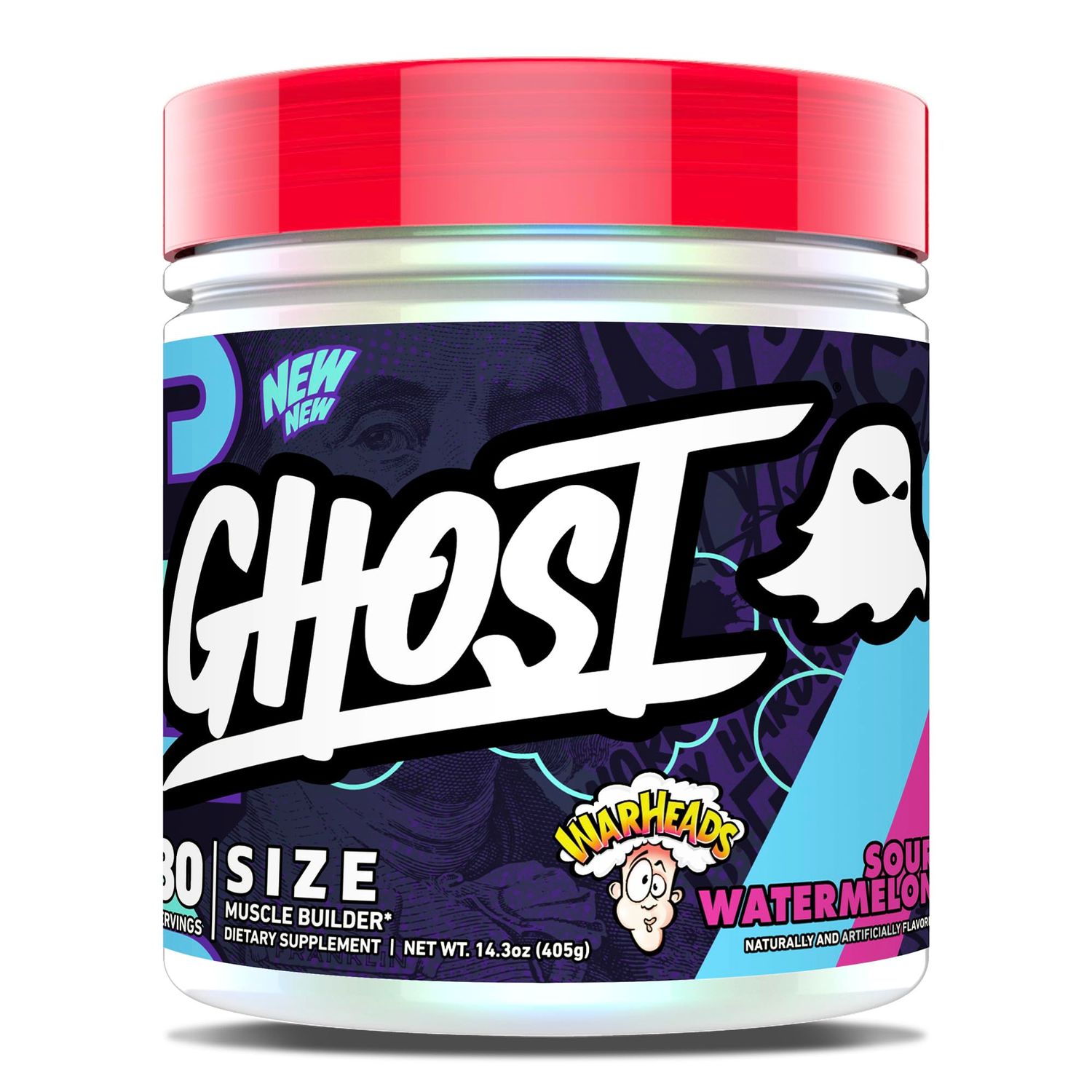 GHOST Size V3 Muscle Builder Dietary Supplement - Warheads Sour Watermelon, 30 Servings - Support Muscle Growth Strength Building for Men Women - Creatine Betaine - Free of Sugar Gluten