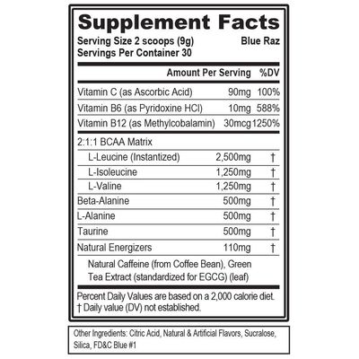 EVL BCAAs Amino Acids Powder - BCAA Energy Pre Workout Powder for Muscle Recovery Lean Growth and Endurance - Rehydrating Post Workout Recovery Drink with Natural Caffeine - Blue Raz