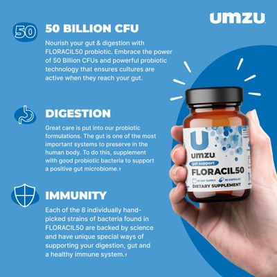 UMZU Floracil50 Probiotic for Women Men - 50 Billion CFU for Gut Health, Acidophilus, Rhamnousus, Digestion, Gut Health, Immunity, Energy - 30-Day Supply 30 Capsules