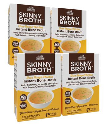 COUNTRY FARMS Skinny Broth 7-Day Plan, Instant Chicken Bone Broth, 10G Protein, Collagen Type II, Promotes Better Digestion, Bone Health, 7 Day Plan, 4 Pack, 28-15g Packets