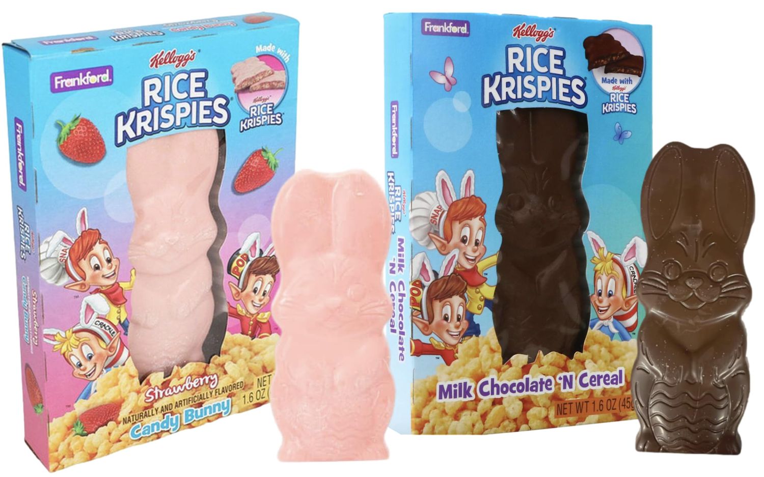 Strawberry and Milk Chocolate Rice Crispy Bunny, Smooth and Creamy Easter Candy, Basket Stuffer Treats, 1.6 Ounces Pack of 2