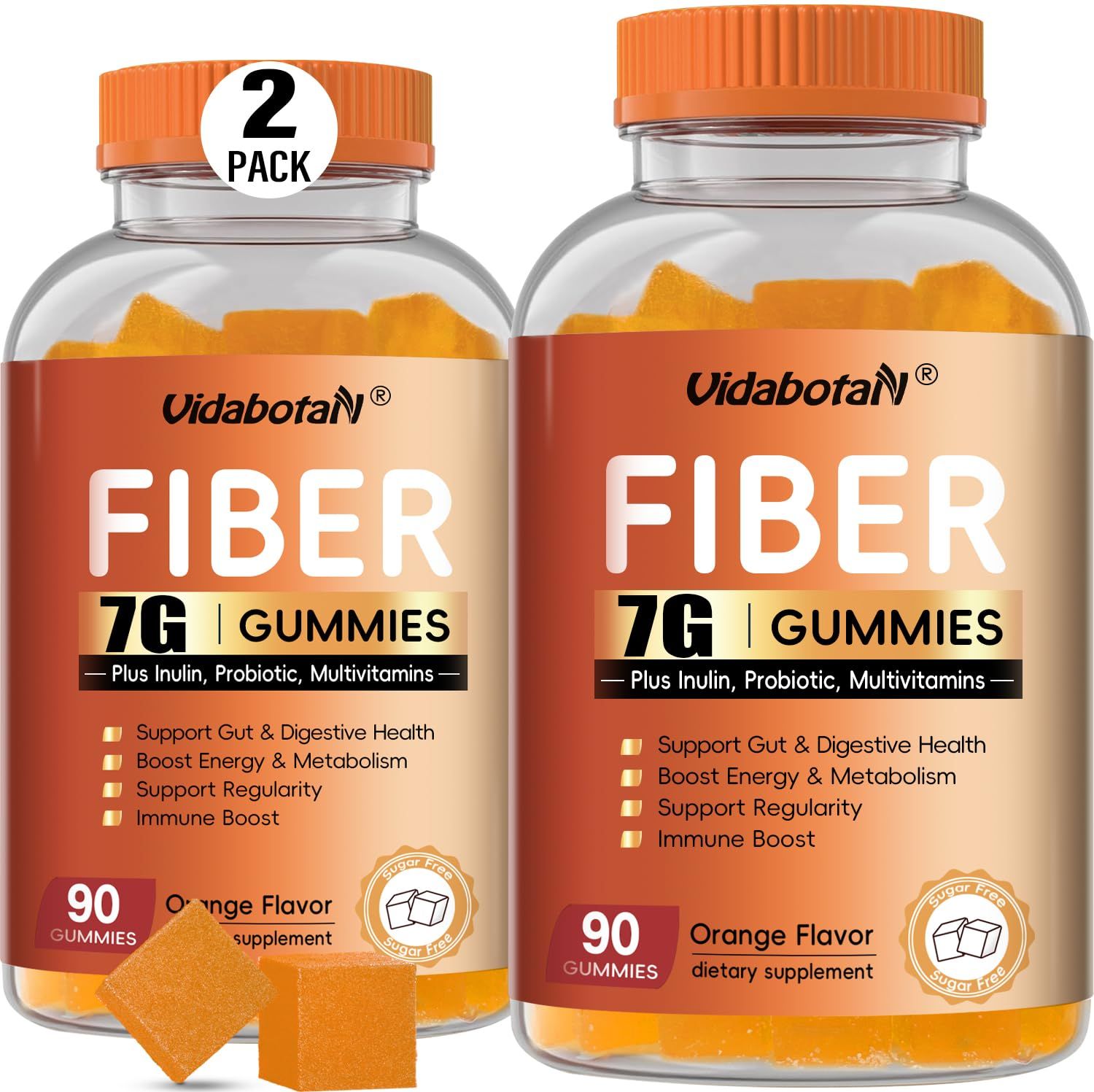 Sugar Free Prebiotic Fiber Gummies for Adult-7G Fiber-Fiber Supplement with Inulin, Probiotic, Vitamins for Digestive Gut Health and Regularity Support, Orange Flavor, 180 GummiesPack of 2