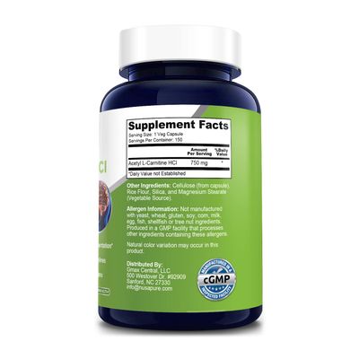 NusaPure Acetyl L-Carnitine 750mg per Caps 150 Veggie Capsules Non-GMO, Gluten Free High Potency Acetyl L Carnitine HCL ALCAR
