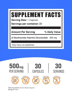 BulkSupplements.com NAD Capsules - Nicotinamide Adenine Dinucleotide, NAD Supplement 500mg - for Energy Support, Pure Gluten Free, 1 Capsule per Serving, 30 Capsules Pack of 1