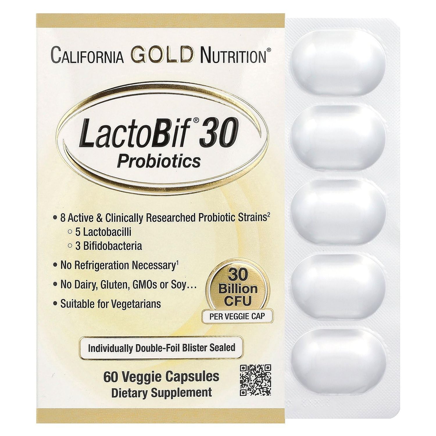 California Gold Nutrition LactoBif 30 Probiotics, 30 Billion CFU, 60 Veggie Capsules