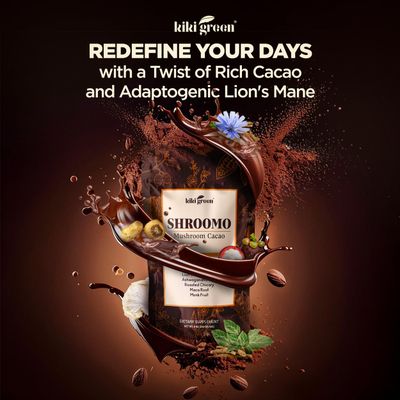 Shroomo Mushroom Coffee Alternative - Master Blend of Lions Mane, Ashwagandha, Maca Root, Roasted Chicory, Monk Fruit For Mental Clarity, Energy, Focus - Cacao Hot Chocolate Drink 8 oz by KIKI Green