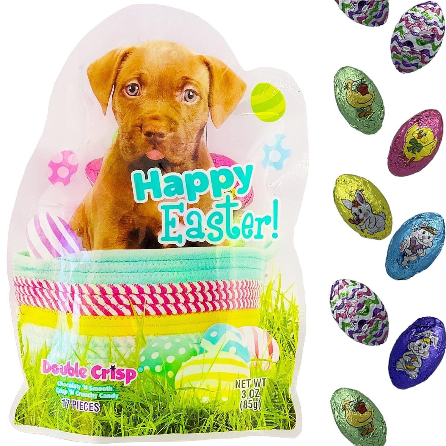 Easter Puppy Double Crisp Eggs Milk Chocolate, Happy Easter Day Eggs, Party Bag Fillers, Individually Wrapped Foils, Kosher Certified Dairy 18-Pack Variety