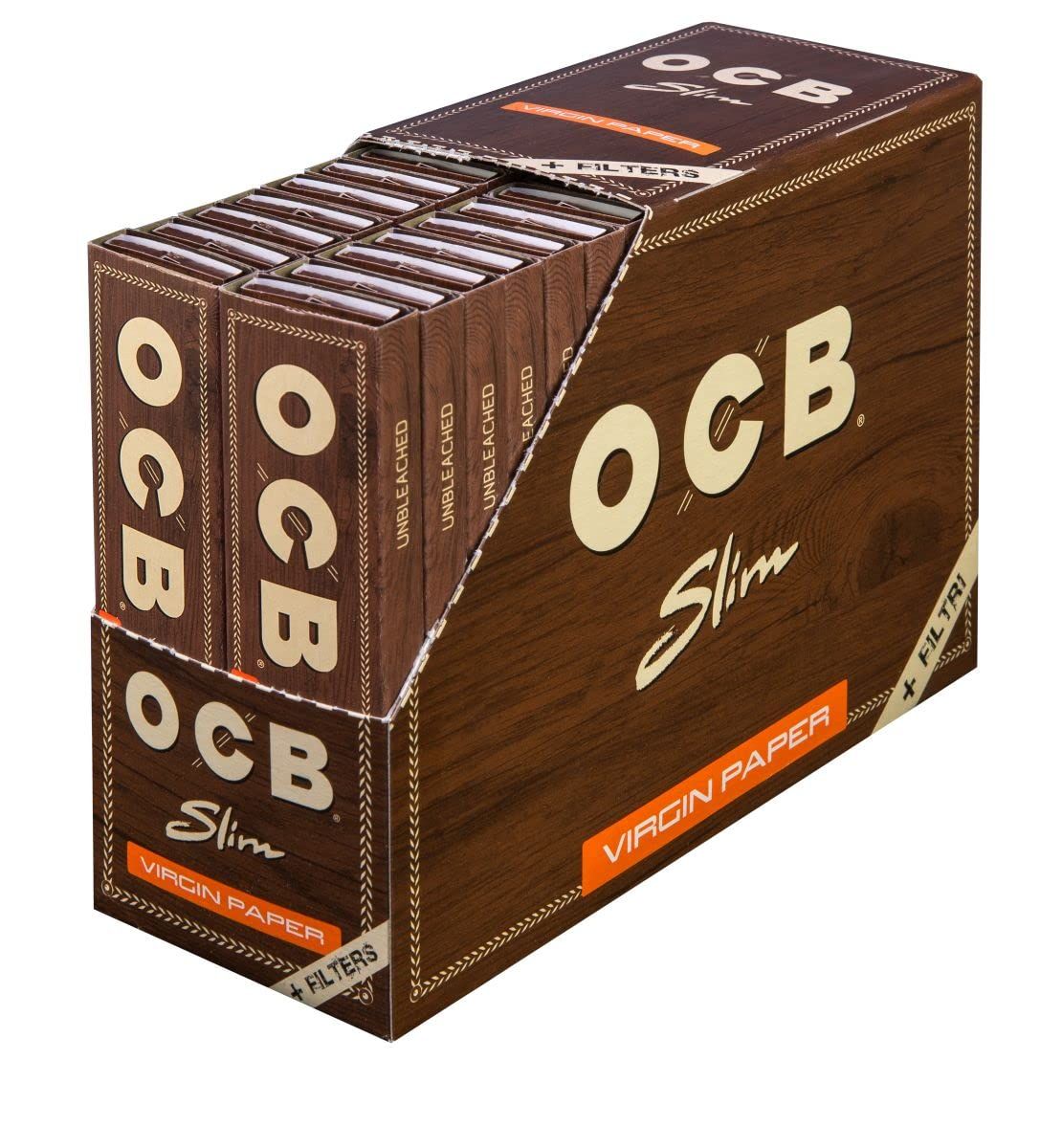 1 Box - OCB Virgin Slim Unbleached Rolling Paper King Size Filter Tips