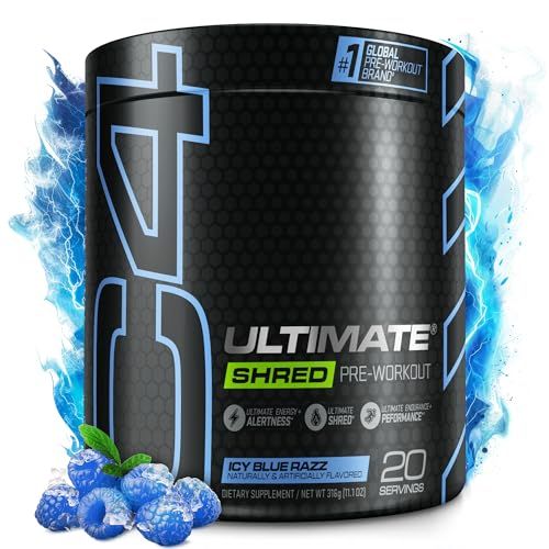 Cellucor C4 Ultimate Shred Pre Workout Powder for Men Women, Metabolism Supplement with Ginger Root Extract, ICY Blue Razz, 20 Servings Pack of 1