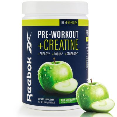 Reebok ReeEnergize Pre-Workout Creatine 200MG Caffeine, 3G Creatine, 4G Citrulline Energy, Focus, Strength Nitric Oxide Booster 25 Servings Sour Green Apple