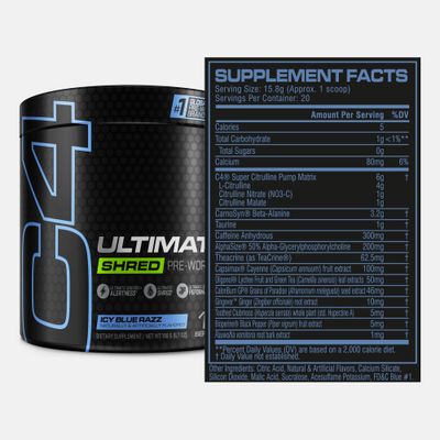 Cellucor C4 Ultimate Shred Pre Workout Powder for Men Women, Metabolism Supplement with Ginger Root Extract, ICY Blue Razz, 20 Servings Pack of 1