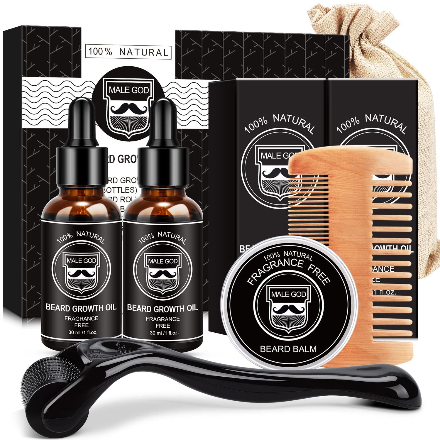 MALE GOD Beard Growth Kit, Beard Kit WBeard Growth Oil, Balm, Comb, Massager for SpotPatchy Beard, Gifts for Men Him Boyfriend Husband
