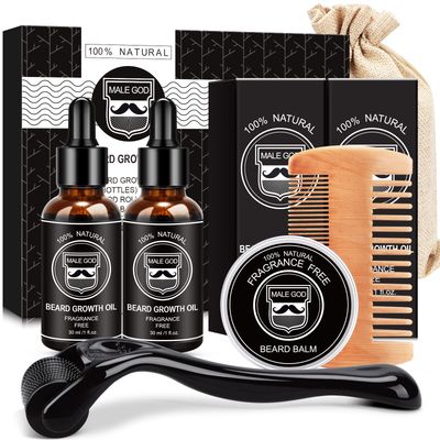 MALE GOD Beard Growth Kit, Beard Kit WBeard Growth Oil, Balm, Comb, Massager for SpotPatchy Beard, Gifts for Men Him Boyfriend Husband