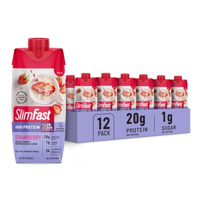 SlimFast Protein Shake, Strawberry- 20g Protein, Meal Replacement Shake Ready to Drink, High Protein with Low Carb and Low Sugar, 24 Vitamins and Minerals, 12 Count (Pack of 1) (Packaging May Vary)