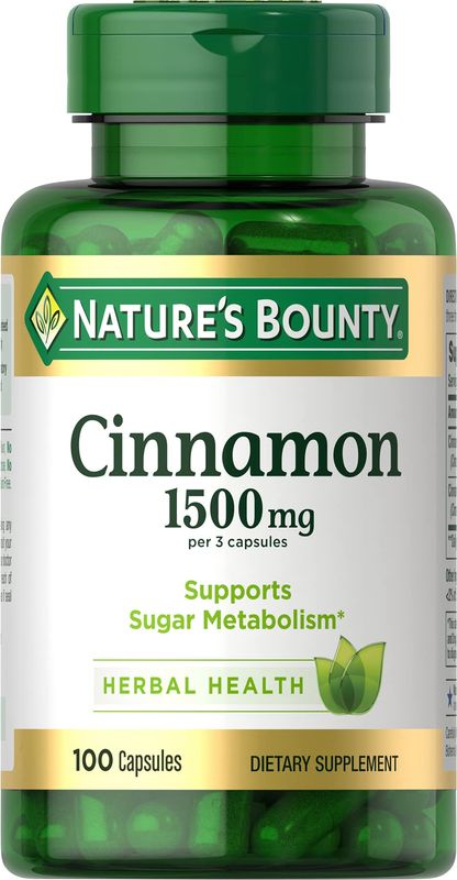 Natures Bounty Cinnamon Capsules, Herbal Supplement, Supports Sugar Metabolism, 1500mg, 100 Capsules