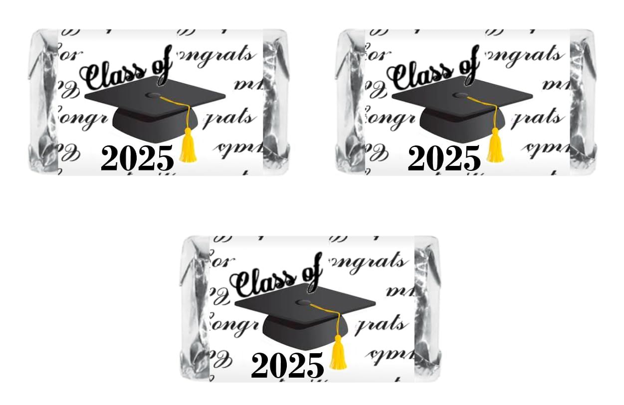 60 Graduation Cap Party Class of 2025 Miniatures Candy Bar Wrapper, Set of 60 Mini Candy Chocolate Bar Stickers, Labels, Candy Not Included, Color Black. Made in USA