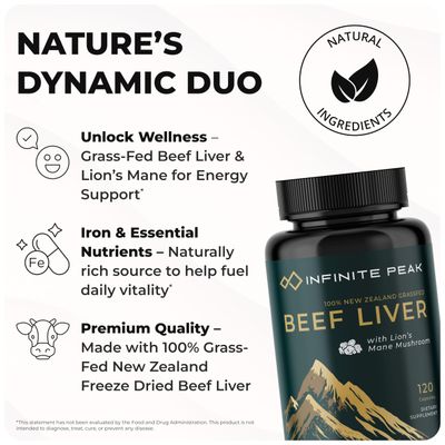 Natural Energy Focus for High Performing Professionals wGrass Fed Beef Liver Capsules wLions Mane Grassfed Beef Liver Supplement Supports Full Body Wellness Iron Levels 30 Serving-120 Cnt