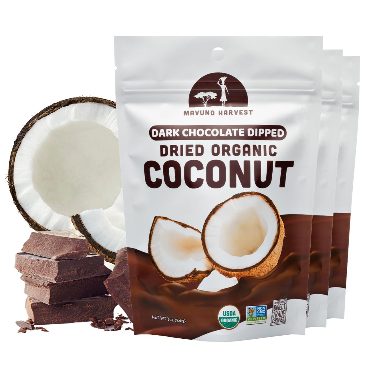 Mavuno Harvest Organic Chocolate Covered Coconut - Organic Dried Coconut Dipped in Dark Chocolate - Non GMO, Preservative Free, Fair Trade &amp; Vegan Chocolate Treats - Healthy Chocolate Snack - 3 x 3 Oz