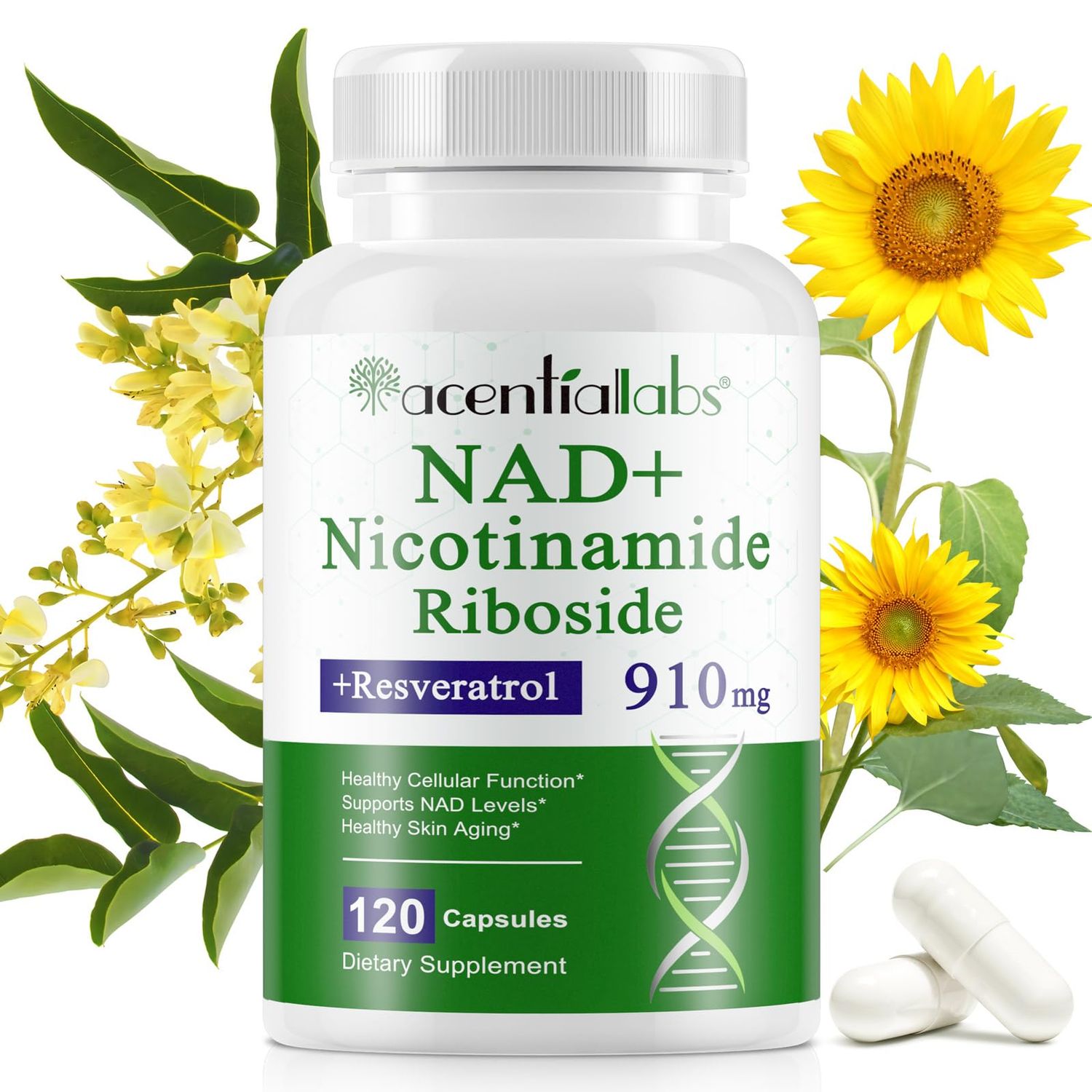 NAD Supplement, 910mg Per Serving Complex with Resveratrol, Quercetin, Nicotinamide Riboside Alternative, NAD Booster Natural Energy, Longevity, and Cellular Health, 120 Capsules