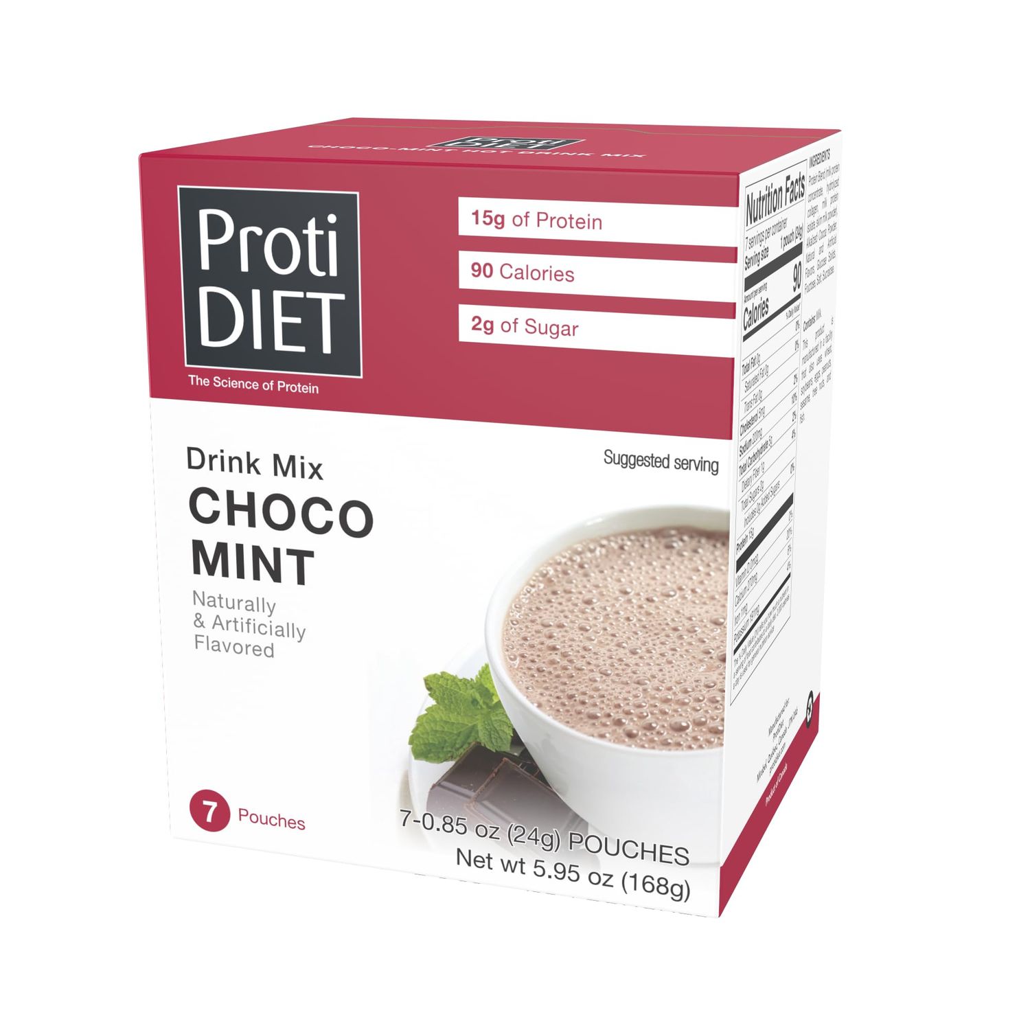 ProtiDIET High Protein Hot Choco Mint Drink Mix - Low Sugar, Non Fat, Quick and Easy-to-Prepare Hot Chocolate Mint High Protein Drink with Collagen for Adults - 7 packets Per Box