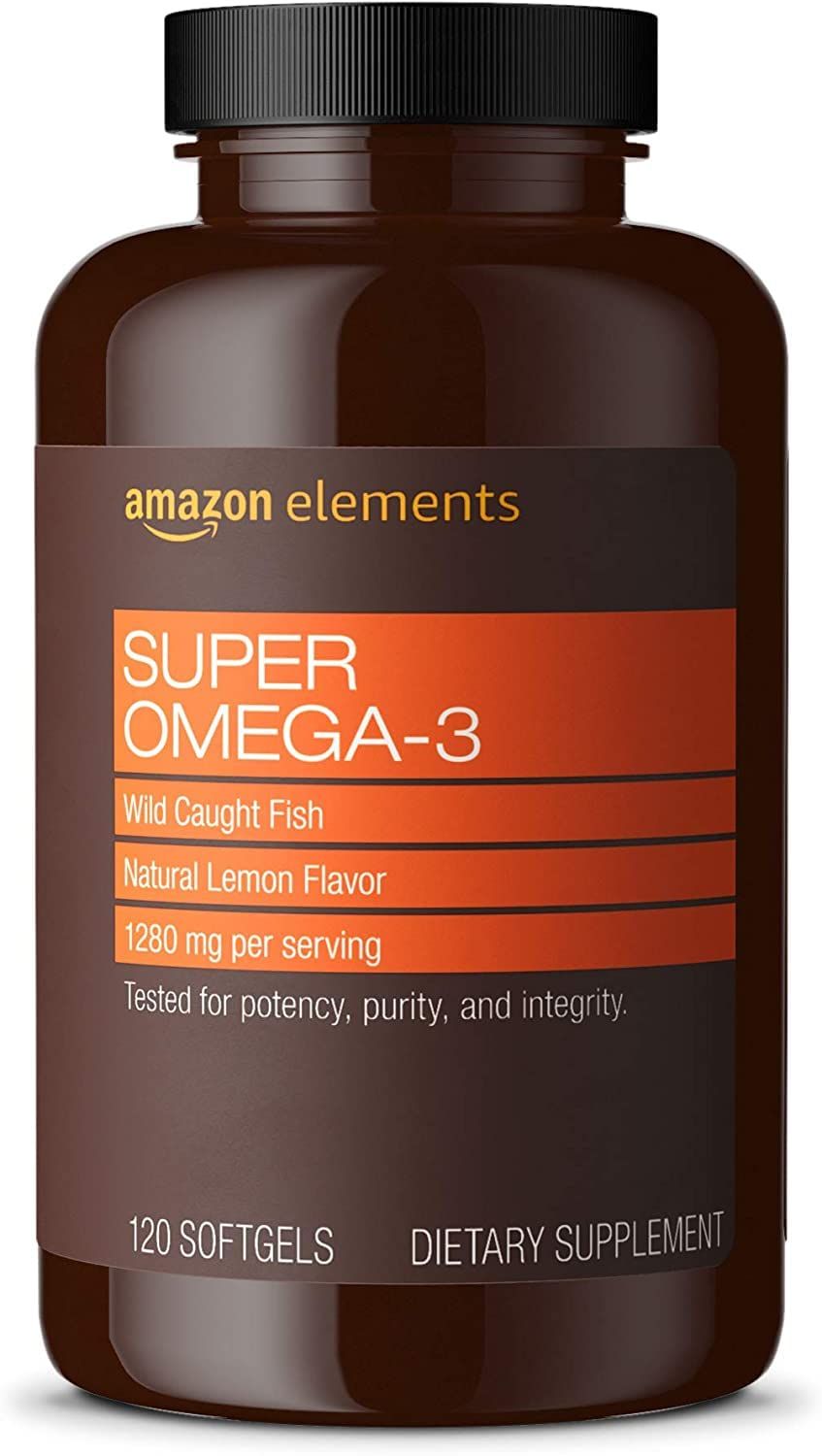 Amazon Elements Super Omega-3 with Natural Lemon Flavor, EPA DHA Omega-3 fatty acids, 120 Count 1280 mg per serving, 2 Softgels Packaging may vary