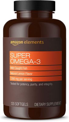 Amazon Elements Super Omega-3 with Natural Lemon Flavor, EPA DHA Omega-3 fatty acids, 120 Count 1280 mg per serving, 2 Softgels Packaging may vary