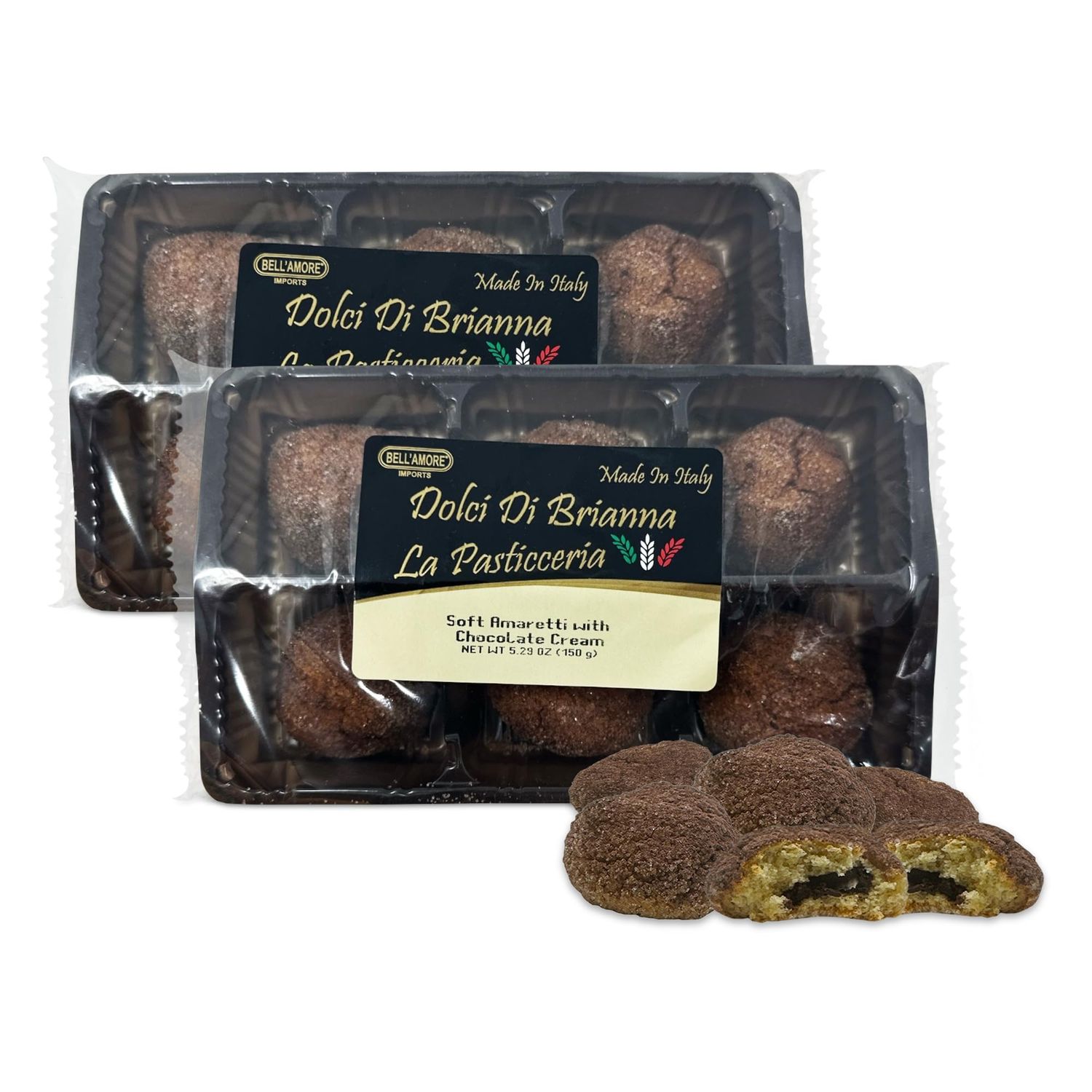 Italian Soft Amaretti Cookies with Chocolate Center - Pack of 2-150g per Tray 12 Pieces Total - Authentic Italian Pastry Made in Italy - Dolci Di Brianna