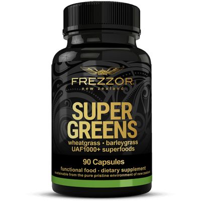 FREZZOR Super Greens Capsules with UAF1000, Fruit and Veggie Supplement, New Zealand Green Superfood Energy, Essential Veggies, Antioxidants, Enzymes, Detox Cleanse, 90 Capsules, 1 Pack