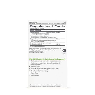 GNC Probiotic Solutions with Enzymes with 25 Billion CFUs, 30 Capsules, Daily Probiotic Support
