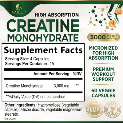 Creatine Monohydrate Capsules 3,000mg Micronized Creatine Supplement Support for Lean Muscle Strength Endurance, Creatine Pills for Women Men, Unflavored Tablets Non-GMO Gluten Free - 60 Capsules