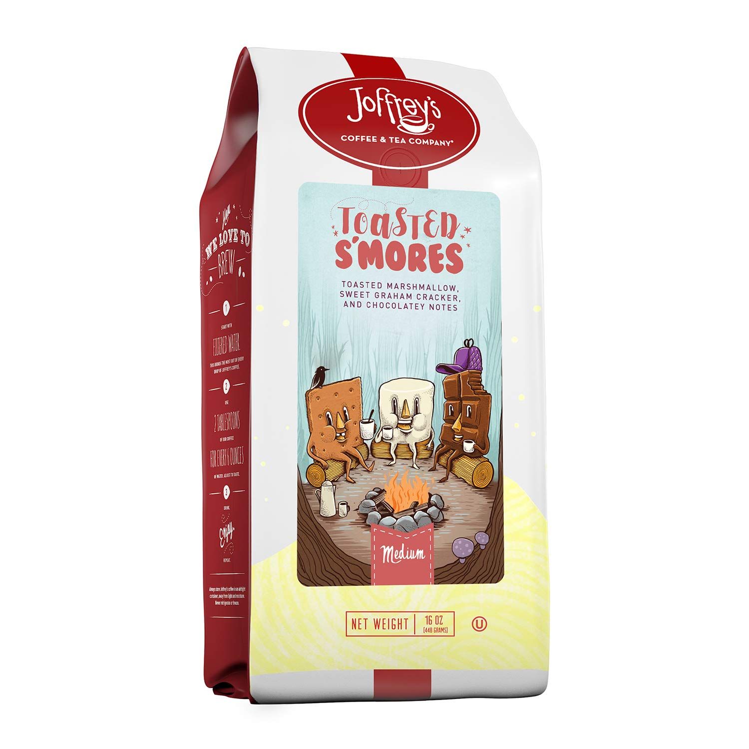 Joffreys Toasted SMores Flavored Coffee - Artisan Medium Roast, Arabica Beans, Marshmallow, Graham Cracker, Chocolate Flavor, Gluten-Free, No Sugar Ground, 16 oz
