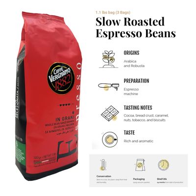 Caffe Vergnano 1882 Espresso Whole Bean Arabica Roast Coffee - Italian Medium Roast Coffee Beans with Notes of Chocolate, Nuts Caramel, Intensity 710, 3.3 lbs