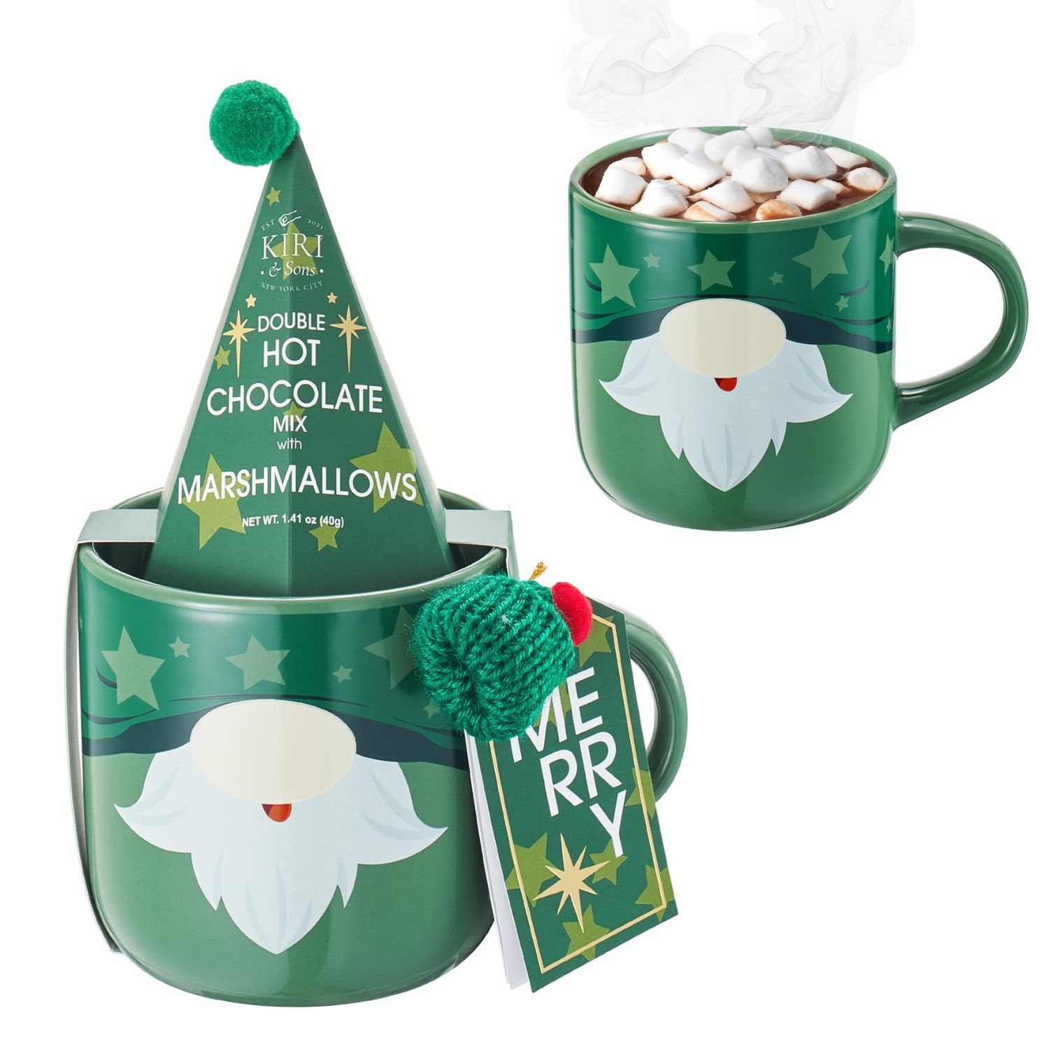 Hot Chocolate Gift Set, Includes 1 Single-Serve Double Chocolate Packet 1 Pack Mini Marshmallows Hot Cocoa Mix Hot and a Ceramic Mug , Gourmet Hot Cocoa Gift Set, Eggnog Festive Gifts, Green Elf Mug