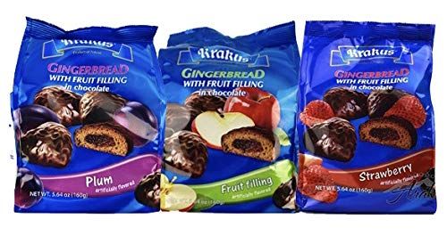 KRAKUS GINGERBREAD FRUIT FILLING COVERED IN CHOCOLATE 5.64 oz 160g x 3 pack APPLE, STRAWBERRY, PLUM. Product of Poland.