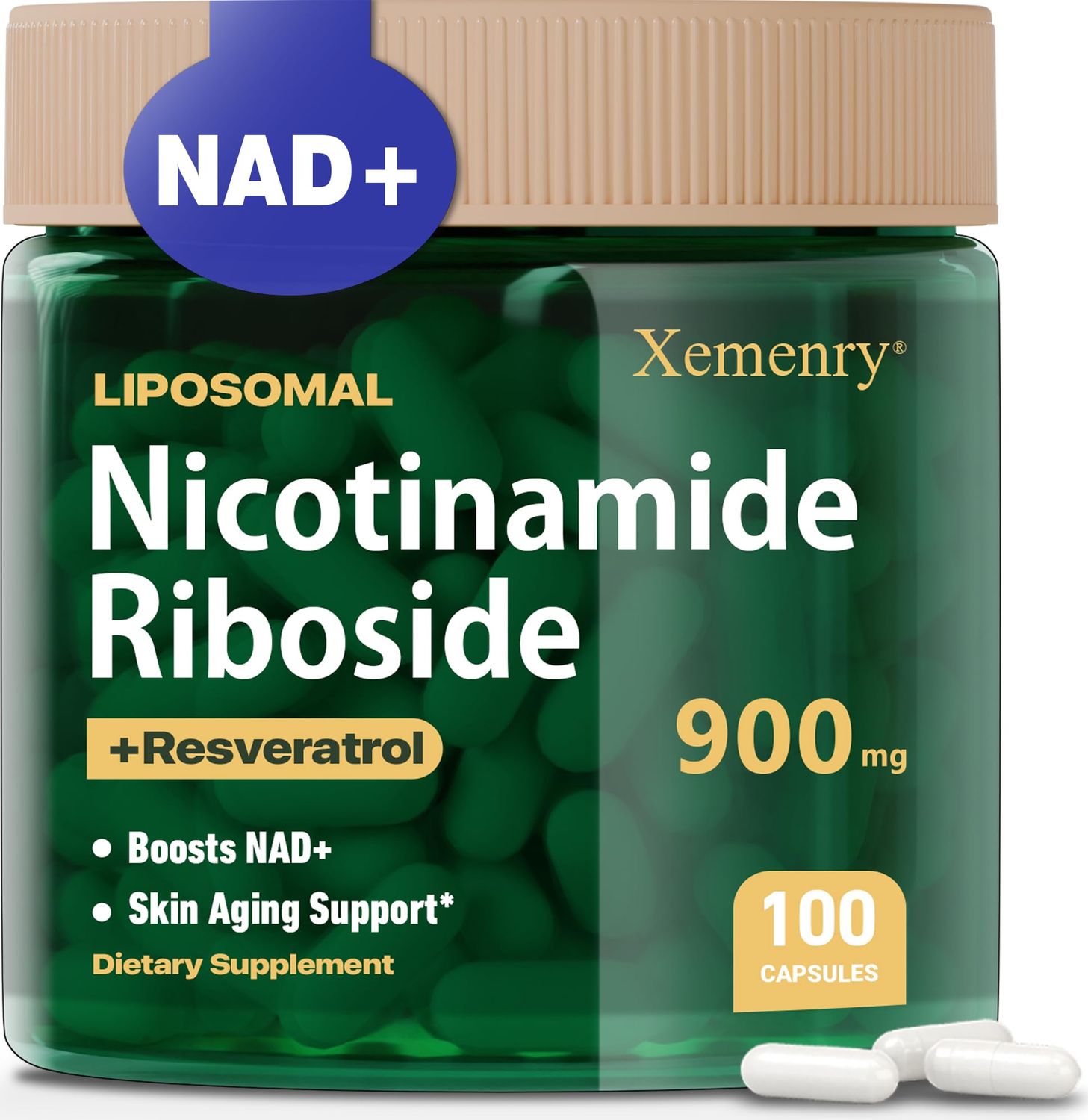 Xemenry Liposomal Nicotinamide Riboside, NAD Supplement for Anti-Aging, Energy, Focus, 900mg NAD NMN Alternative, 50-Day Supply, 100 Capsules