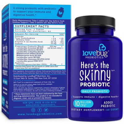 Lovebug Heres The Skinny Helps with Constipation, Gas, Bloat Digestive Upset Multi-Strain Probiotics 10 Billion CFU, 60 Count