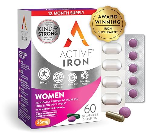 Active Iron Supplement for Women, Non-Constipating, 30 Active Iron Ferrous Sulphate Capsules with 30 Womens Multivitamin Tablets, Clinically Proven to Increase Iron Energy Levels