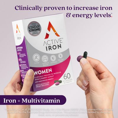 Active Iron Supplement for Women, Non-Constipating, 30 Active Iron Ferrous Sulphate Capsules with 30 Womens Multivitamin Tablets, Clinically Proven to Increase Iron Energy Levels