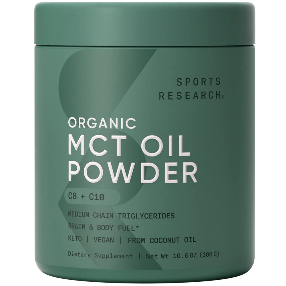 Sports Research Organic MCT Oil Powder - Keto &amp; Vegan MCTs C8, C10 from Coconuts - Fatty Acid Brain &amp; Body Fuel, Non-GMO &amp; Gluten Free - Unflavored, Perfect in Coffee, Tea &amp; Protein Shakes - 10.6 oz