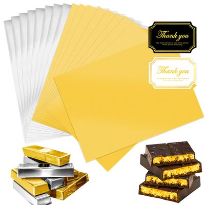 Dreamtop 100PCS Chocolate Candy Wrappers Packaging with Stickers, 11 x 7.9 inch Chocolate Bar Aluminum Foil Wrapper for Candy, Caramel, Granola Bar Gold, Silver
