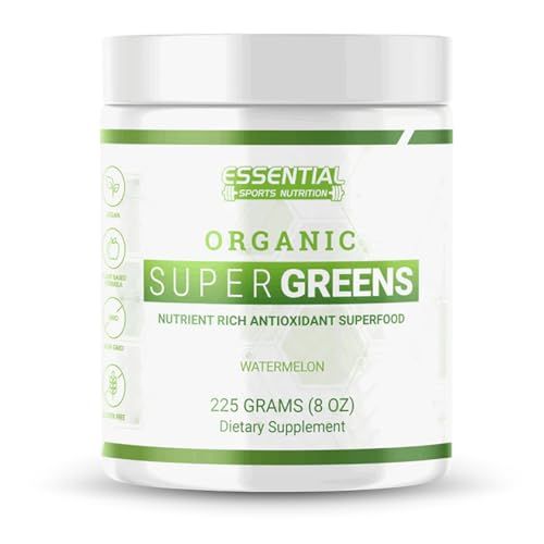 Essential Sports Nutrition Organic Super Greens Powder - Nutrient-Dense Blend for Energy, Detox Immune Support, USDA Organic, Non-GMO, Vegan-Friendly